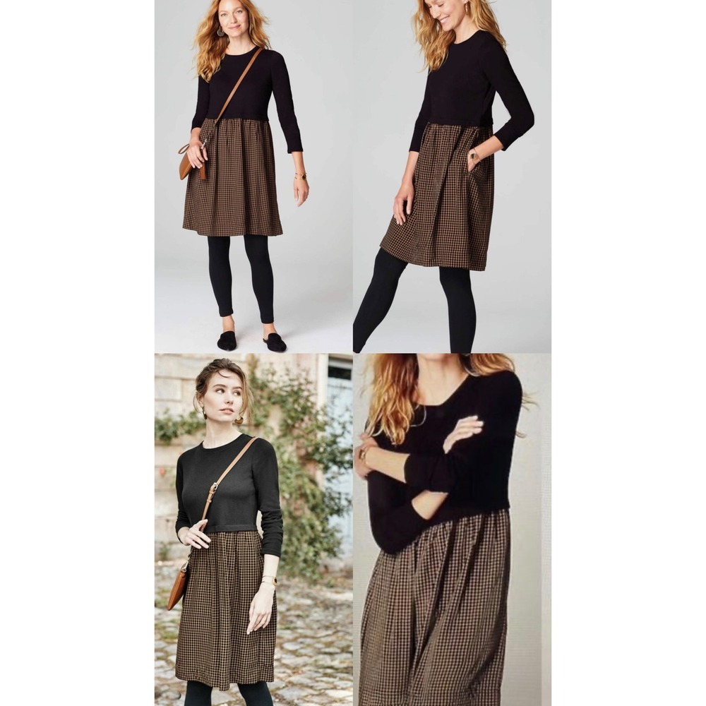 J. Jill Mixed Media Plaid Skirt Sweatshirt Dress Black Tan Gingham Size S Small